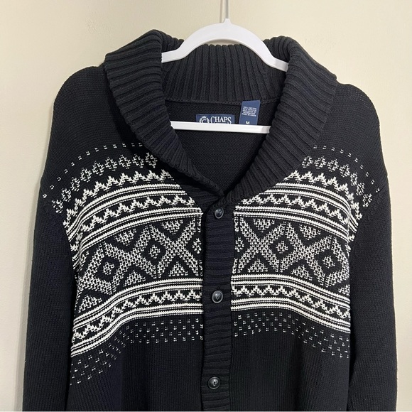 Chaps Mens Black and White Fair Isle Shawl Collar Cardigan Sweater size medium - Picture 2 of 9